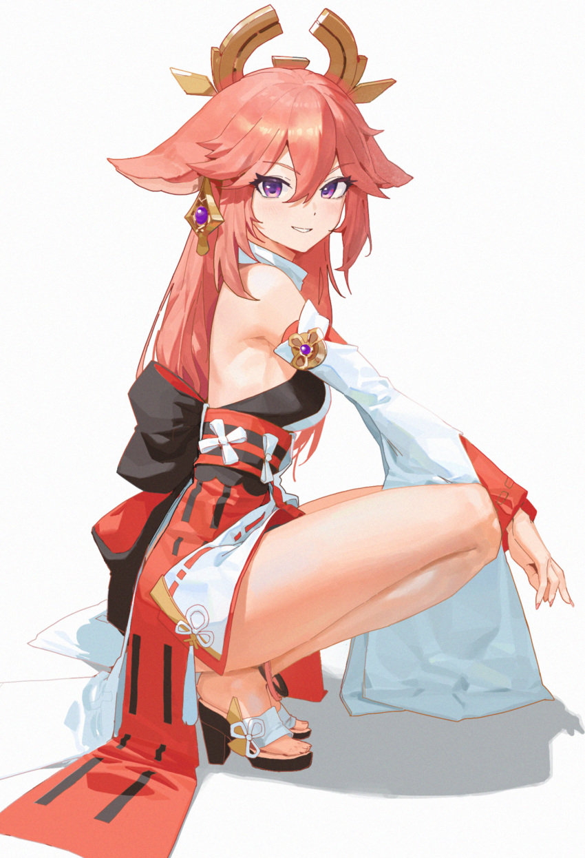 1girl animal_ears bare_legs bare_shoulders breasts detached_sleeves earrings fox_ears from_side full_body genshin_impact grin highres japanese_clothes jewelry kimono l.j. long_hair long_sleeves looking_at_viewer medium_breasts miko obi pink_hair sandals sash short_kimono smile solo squatting thighs violet_eyes wide_sleeves yae_(genshin_impact)
