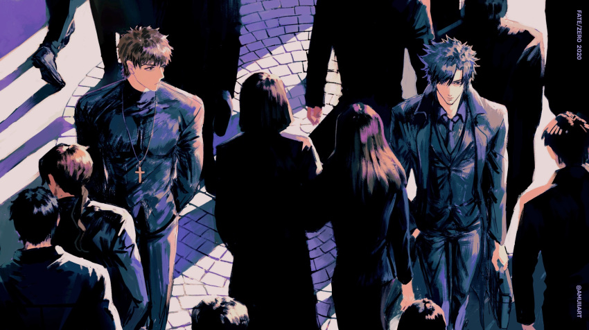 2boys amuii black_hair brown_hair cross cross_necklace crowd emiya_kiritsugu fate/zero fate_(series) formal highres jewelry kotomine_kirei long_coat looking_at_another multiple_boys necklace necktie suit
