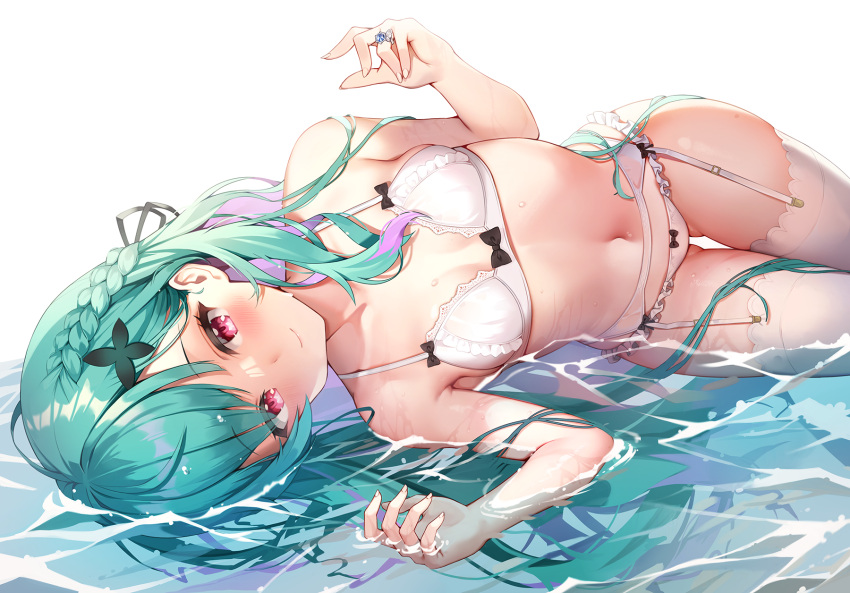 1girl bikini braid breasts closed_mouth garter_belt green_hair highres hololive long_hair looking_at_viewer lying navel on_side pinki_o64 purple_hair red_eyes small_breasts smile solo stomach swimsuit thigh-highs uruha_rushia virtual_youtuber white_bikini