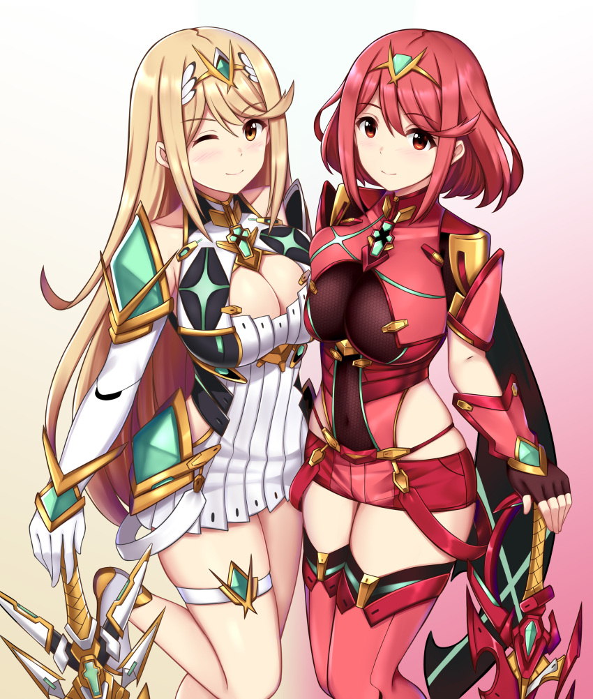 2girls absurdres armor blonde_hair blush breast_press breasts dress dual_persona duplicate gem gradient gradient_background hair_ornament headpiece highres jewelry large_breasts looking_at_viewer multiple_girls multiple_persona mythra_(xenoblade) one_eye_closed pixel-perfect_duplicate pyra_(xenoblade) red_eyes redhead skindentation smile sword thigh_strap tiara weapon xenoblade_chronicles_(series) xenoblade_chronicles_2 xiao_qi yellow_eyes