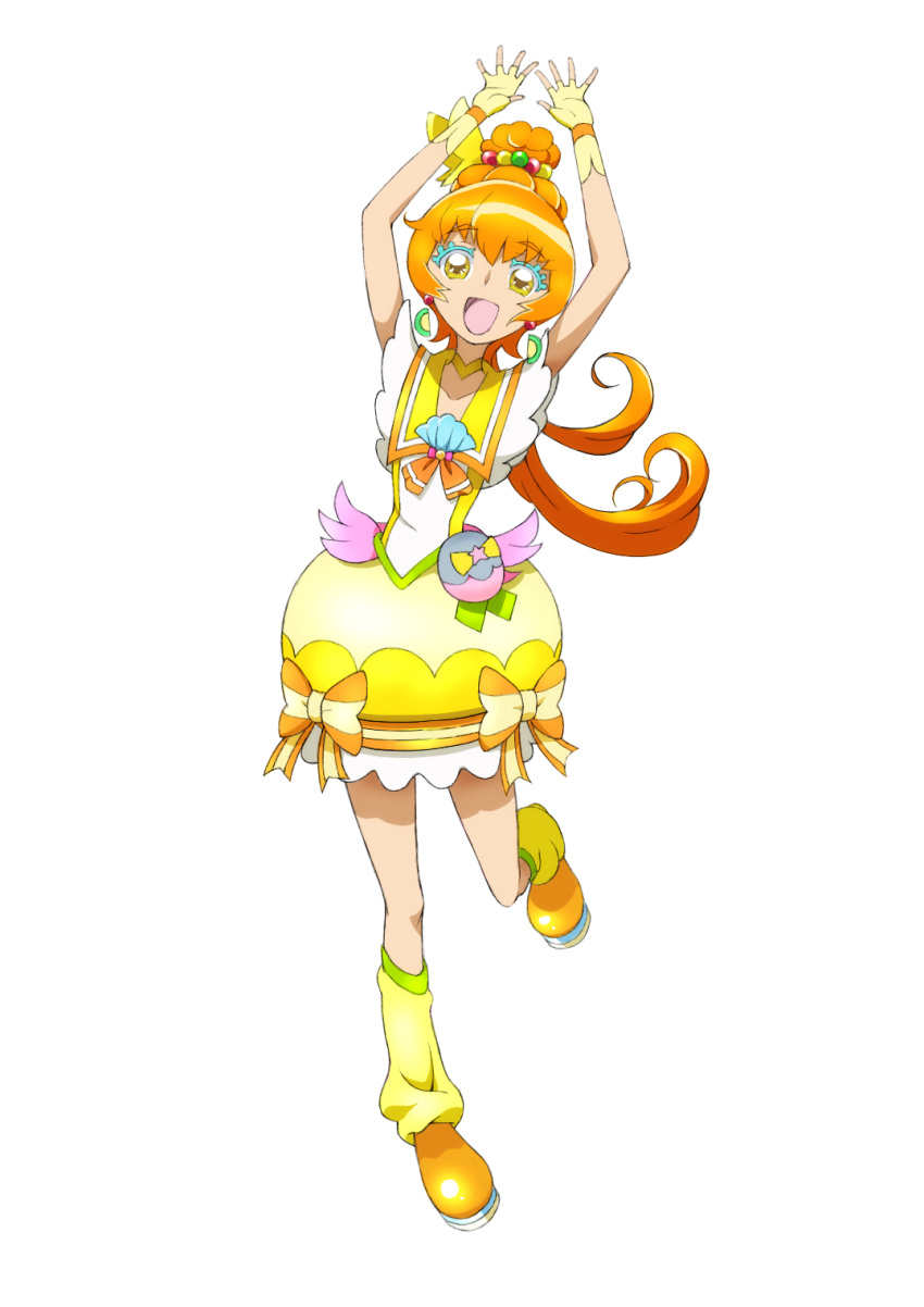 1girl :d arms_up bangs bow choker color_connection colored_eyelashes commentary_request cosplay cure_papaya cure_papaya_(cosplay) dress earrings eyebrows_visible_through_hair fingerless_gloves full_body gloves hair_bobbles hair_bun hair_ornament heartcatch_precure! highres jewelry kayabakoro leg_up long_hair looking_at_viewer loose_socks magical_girl multi-tied_hair myoudouin_itsuki neck_ribbon orange_bow orange_footwear orange_hair orange_ribbon precure ribbon sailor_collar series_connection short_dress simple_background sleeveless sleeveless_dress smile solo standing standing_on_one_leg thick_eyelashes tropical-rouge!_precure white_background yellow_choker yellow_dress yellow_eyes yellow_gloves yellow_legwear yellow_sailor_collar