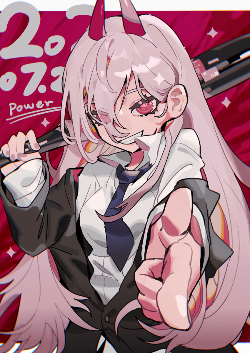1girl absurdres baseball_bat black_jacket border chainsaw_man character_name collared_shirt commentary dated demon_horns finger_gun foreshortening grin highres holding holding_baseball_bat horns jacket long_hair long_sleeves looking_at_viewer pink_eyes pink_hair power_(chainsaw_man) red_background shirt sleeves_past_wrists smile solo suit_jacket symbol-only_commentary taowu_(20809) upper_body white_border white_shirt
