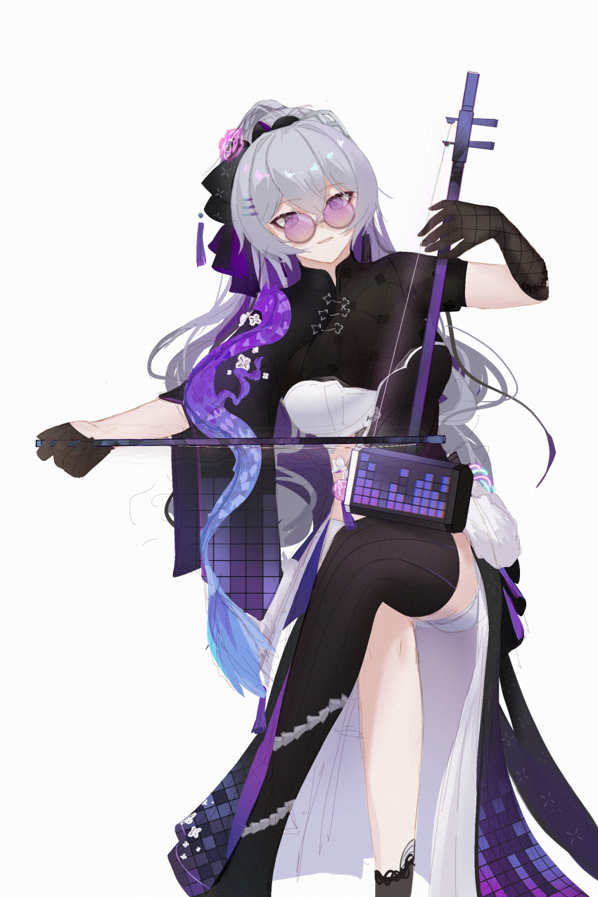 1girl :d absurdres akashin asymmetrical_gloves asymmetrical_legwear bangs black_dress black_gloves black_legwear bronya_zaychik bronya_zaychik_(silverwing:_n-ex) china_dress chinese_clothes crossed_legs dress drill_hair dual_persona erhu gloves grey_eyes grey_hair hair_between_eyes hair_ornament highres holding holding_instrument honkai_(series) honkai_impact_3rd instrument invisible_chair long_hair looking_at_viewer mismatched_gloves mismatched_legwear open_mouth simple_background sitting smile solo sunglasses twin_drills white_background