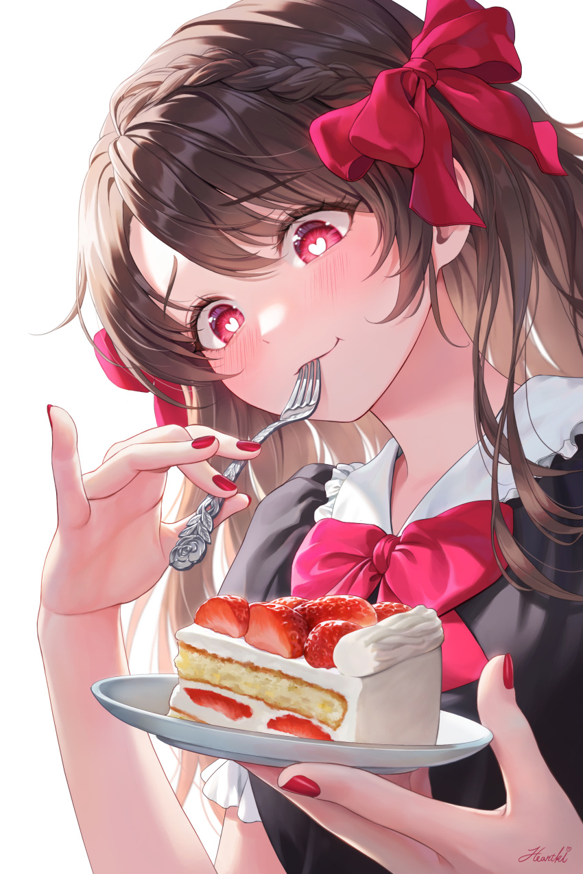 1girl absurdres bangs black_shirt blush bow bowtie brown_hair cake cake_slice commentary_request eating eyebrows_visible_through_hair food fork hair_bow heart heart-shaped_pupils heartki highres holding holding_fork holding_plate long_hair nail_polish original plate red_bow red_bowtie red_eyes red_nails shirt signature simple_background solo strawberry_shortcake symbol-shaped_pupils upper_body utensil_in_mouth white_background