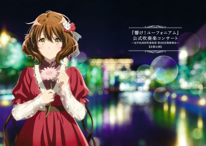 1girl absurdres bangs blurry blurry_background blush brown_eyes brown_hair city_lights closed_mouth dress flower frilled_dress frills hair_flower hair_ornament hands_up hibike!_euphonium highres holding holding_flower ikeda_shouko lens_flare looking_at_viewer night official_art oumae_kumiko outdoors pink_flower red_dress short_hair short_sleeves smile solo standing