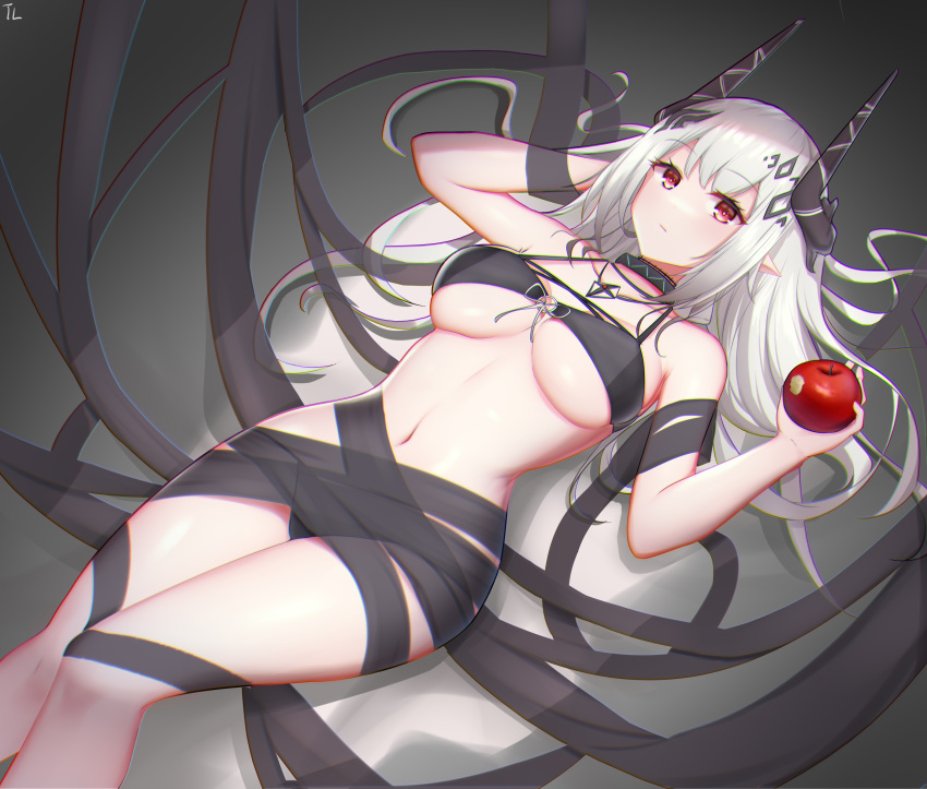 1girl absurdres apple arknights bikini bitten_apple black_bikini black_ribbon breasts closed_mouth demon_horns doraski feet_out_of_frame food food_bite front-tie_bikini front-tie_top fruit highres holding holding_food holding_fruit horns infection_monitor_(arknights) jewelry large_breasts long_hair looking_at_viewer lying mudrock_(arknights) mudrock_(silent_night)_(arknights) navel necklace on_back pendant pointy_ears red_eyes ribbon solo stomach swimsuit thighs under_boob white_hair