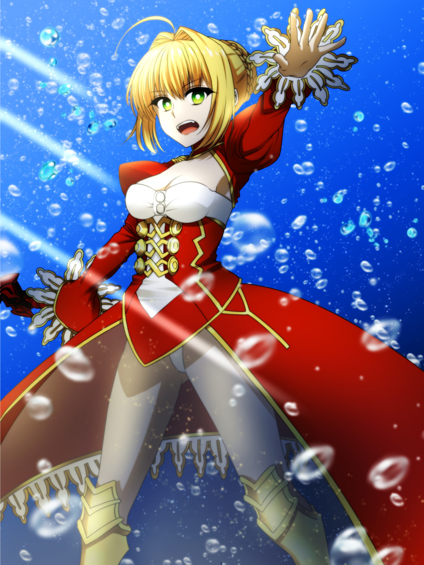 1girl aestus_estus ahoge blonde_hair blurry braid breasts cleavage commentary_request corset dress epaulettes fate/extra fate/grand_order fate_(series) flower french_braid green_eyes hair_flower hair_intakes hair_ornament hair_ribbon highres juliet_sleeves karon_(karonkaron_tint) large_breasts long_sleeves looking_at_viewer nero_claudius_(fate) nero_claudius_(fate)_(all) ocean petals puffy_sleeves red_dress red_ribbon ribbon saber_extra see-through short_hair smile solo sword weapon wide_sleeves