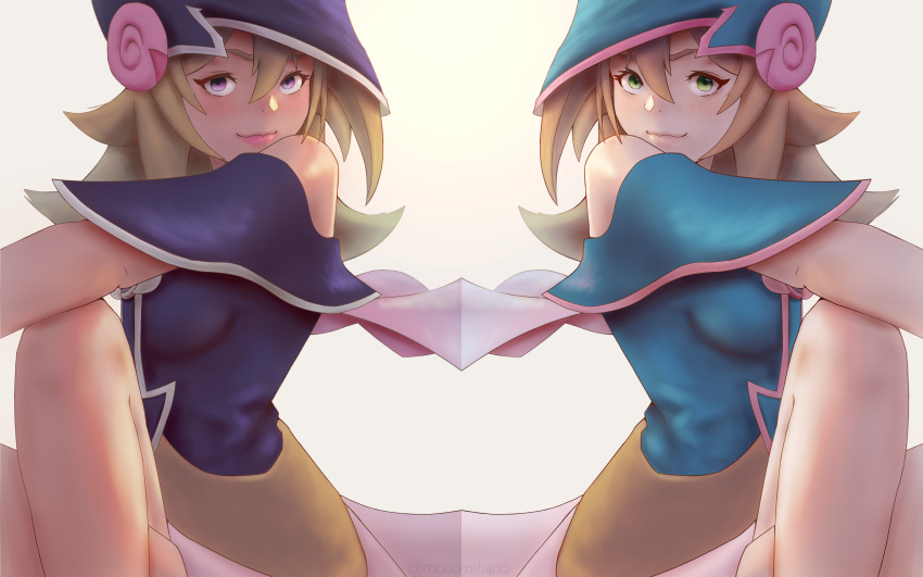 2girls bangs bare_shoulders blonde_hair blue_eyes blue_footwear blush boots breasts choker cleavage dark_magician_girl duel_monster facial_tattoo female gloves grey_background hair_between_eyes hat highres holding holding_wand large_breasts long_hair looking_at_viewer magi_magi_magician_gal mocomiliano multiple_girls off_shoulder purple_eyes simple_background smile solo tattoo thighs wand wizard_hat yu-gi-oh! yu-gi-oh!_duel_monsters yu-gi-oh!_zexal yuu-gi-ou yuu-gi-ou_duel_monsters yuu-gi-ou_zexal