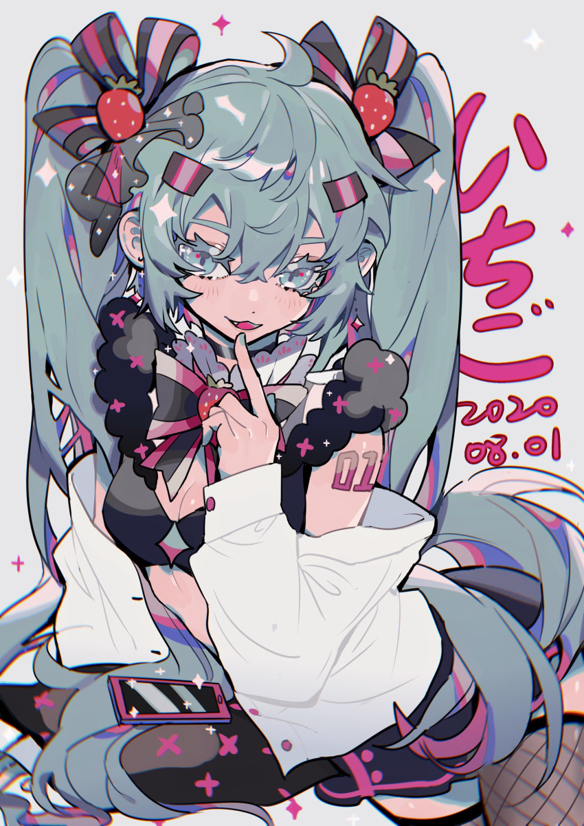 1girl absurdres arm_tattoo black_bow black_bowtie black_bra black_legwear blue_eyes blue_hair bow bowtie bra cellphone commentary cowboy_shot dated fishnet_legwear fishnets food-themed_hair_ornament grey_background hair_bow hair_ornament hairclip hatsune_miku highres long_hair long_sleeves looking_at_viewer off_shoulder parted_lips phone pink_bow pink_bowtie shirt smartphone smile solo sparkle strawberry_hair_ornament symbol-only_commentary taowu_(20809) tattoo thigh-highs translated twintails underwear vocaloid white_shirt