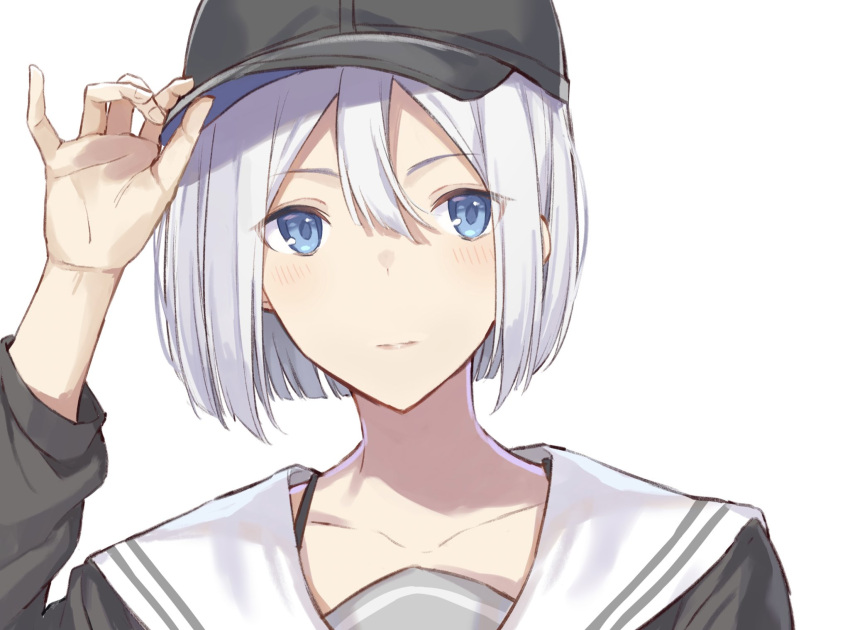 1girl alternate_hair_length alternate_hairstyle anataa baseball_cap blue_hair blunt_ends bob_cut check_commentary collarbone commentary_request hair_between_eyes hat highres project_sekai school_uniform short_hair white_background white_hair yoisaki_kanade