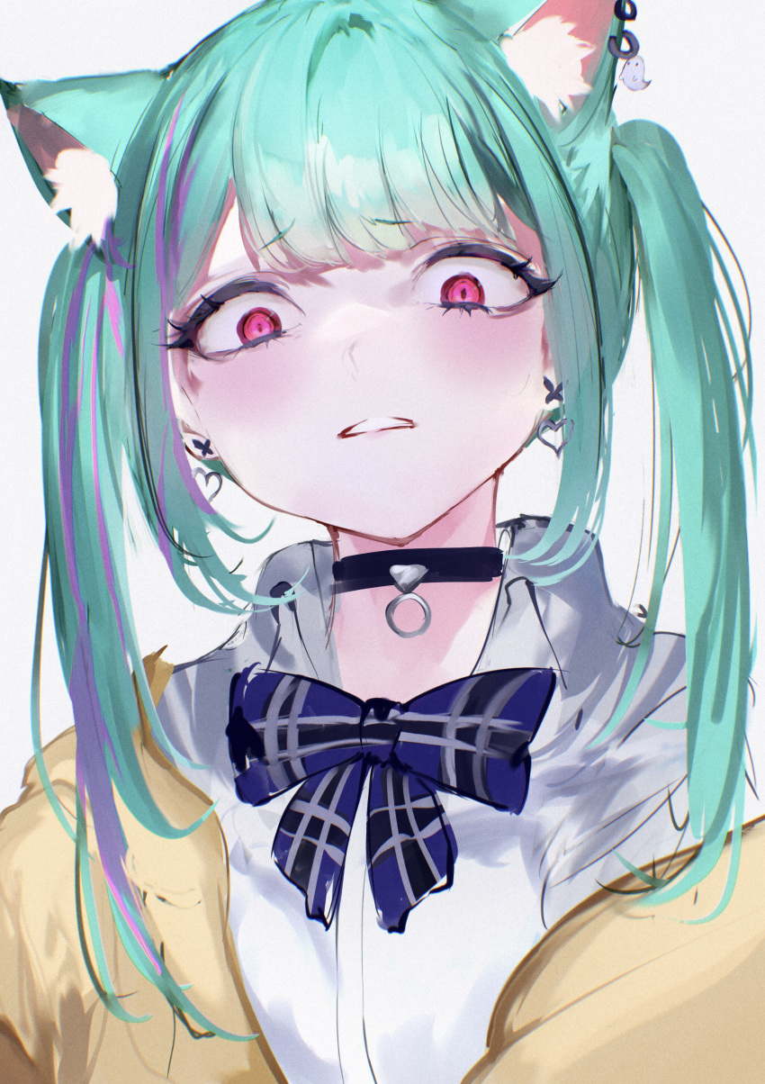 1girl absurdres animal_ear_fluff animal_ears black_choker blue_bow blue_bowtie blush bow bowtie cat_ears choker collared_shirt ear_piercing earrings extra_ears frown green_hair heart heart_earrings highres hololive jacket jewelry long_hair looking_at_viewer mile_(off8mile) open_clothes open_jacket parted_lips piercing plaid plaid_bow plaid_bowtie purple_hair red_eyes school_uniform shirt simple_background solo twintails upper_body uruha_rushia virtual_youtuber white_background white_shirt yellow_jacket
