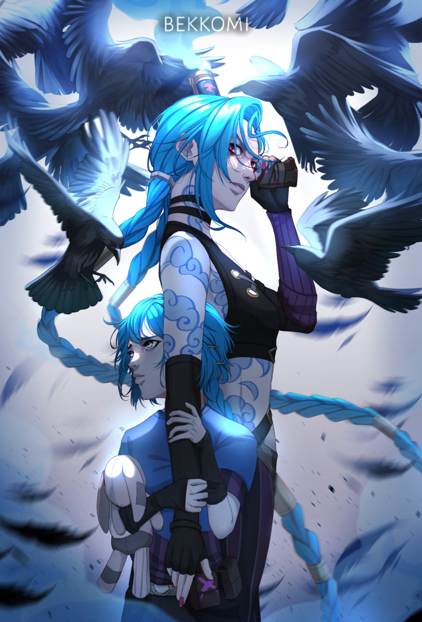 2girls arcane:_league_of_legends arcane_jinx arm_tattoo artist_name asymmetrical_bangs bangs bare_shoulders bekkomi bird blue_hair braid breasts closed_mouth cloud_tattoo crop_top crow dual_persona feathers fingerless_gloves gloves gun highres holding holding_gun holding_toy holding_weapon jinx_(league_of_legends) league_of_legends long_hair looking_at_viewer multiple_girls navel pants powder_(arcane) shoulder_tattoo smile stomach_tattoo striped striped_pants stuffed_animal stuffed_bunny stuffed_toy tattoo teeth toy twin_braids weapon