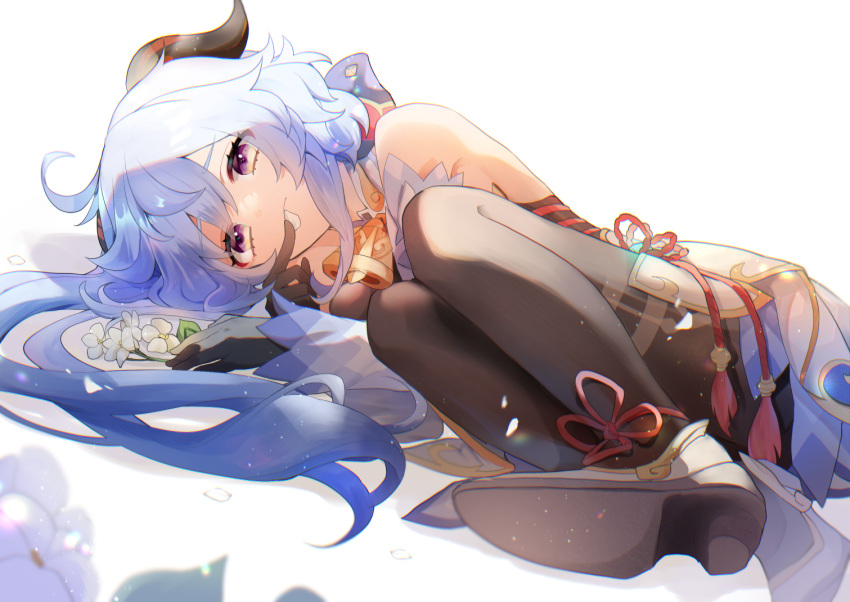 1girl bare_shoulders bell black_bodysuit black_gloves blue_hair bodysuit commentary cowbell detached_sleeves flower flower_knot full_body ganyu_(genshin_impact) genshin_impact gloves goat_horns horns long_hair looking_at_viewer lying on_side petals petals_in_mouth ponytail simple_background solo violet_eyes vision_(genshin_impact) white_background white_flower yae_(yae_ringo)