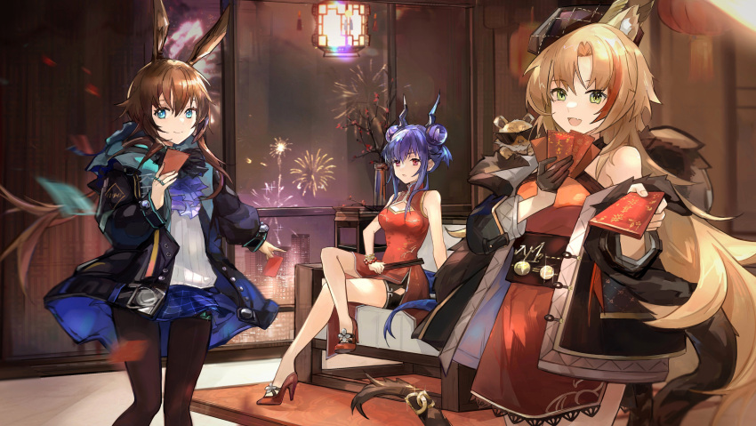 3girls absurdres aerial_fireworks amiya_(arknights) animal_ear_fluff animal_ears animal_on_shoulder arknights bangs bare_shoulders black_gloves black_headwear black_jacket black_legwear black_shorts blonde_hair blue_eyes blue_skirt card ch'en_(arknights) china_dress chinese_clothes closed_fan closed_mouth commentary_request crossed_legs double_bun dress eyebrows_visible_through_hair fang feet_out_of_frame fireworks folding_fan gloves green_eyes hair_between_eyes half_gloves hand_fan high_heels highres holding holding_card holding_fan indoors jacket long_hair long_sleeves low_ponytail multicolored_hair multiple_girls night off_shoulder open_clothes open_jacket pantyhose parted_bangs parted_lips ponytail puffy_long_sleeves puffy_sleeves purple_hair qianzhu rabbit_ears red_dress red_footwear redhead shirt shoes short_shorts shorts shorts_under_dress single_glove sitting skirt sleeveless sleeveless_dress standing streaked_hair sunglasses swire_(arknights) tail tilted_headwear very_long_hair white_shirt