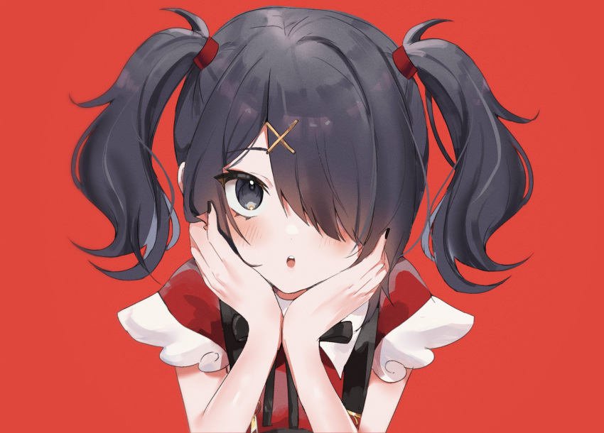 1girl :o ame-chan_(needy_girl_overdose) black_bow black_hair black_nails blush bow dress eyelashes facing_viewer frills grey_eyes hands_on_own_face hands_up highres looking_at_viewer maru_ccy needy_girl_overdose one_eye_covered open_mouth red_background red_dress short_hair side_ponytail simple_background skirt solo sparkling_eyes suspender_skirt suspenders teeth tongue twintails upper_body upper_teeth