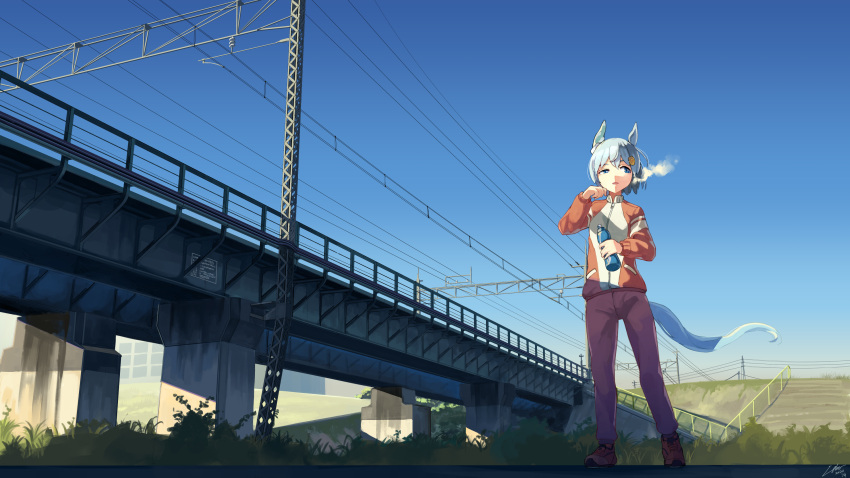 1girl absurdres animal_ears blue_eyes bottle brown_footwear dated day hair_between_eyes hair_ornament hairclip highres holding holding_bottle horse_ears horse_girl horse_tail jacket long_sleeves open_mouth pants red_pants seiun_sky_(umamusume) shoes short_hair signature silver_hair solo tail track_jacket track_pants umamusume utachy