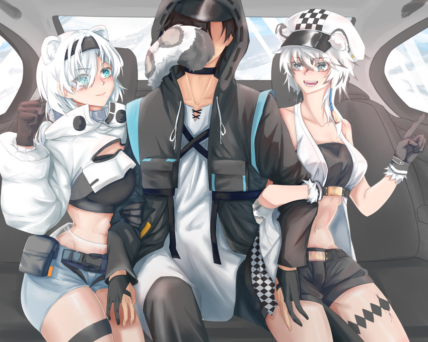 1boy 2girls :d absurdres animal_ears arknights aurora_(arknights) bangs bare_shoulders bear_ears black_choker black_gloves black_hair black_hairband black_jacket black_shirt black_shorts blue_eyes breasts bustier cabbie_hat chinese_commentary choker clenched_hand cliffheart_(arknights) collarbone commentary_request cowboy_shot crop_top cropped_jacket doctor_(arknights) eyebrows_visible_through_hair eyes_visible_through_hair gloves grey_eyes grey_shorts hair_over_one_eye hairband hand_up hat highres index_finger_raised jacket large_breasts leopard_ears leopard_tail long_sleeves looking_at_another midriff multiple_girls navel open_clothes open_jacket pouch shirt short_hair short_shorts shorts silver_hair sleeveless sleeveless_jacket smile stomach strapless tail thigh_strap thighs tube_top vehicle_interior white_headwear white_jacket white_shirt yubanwen