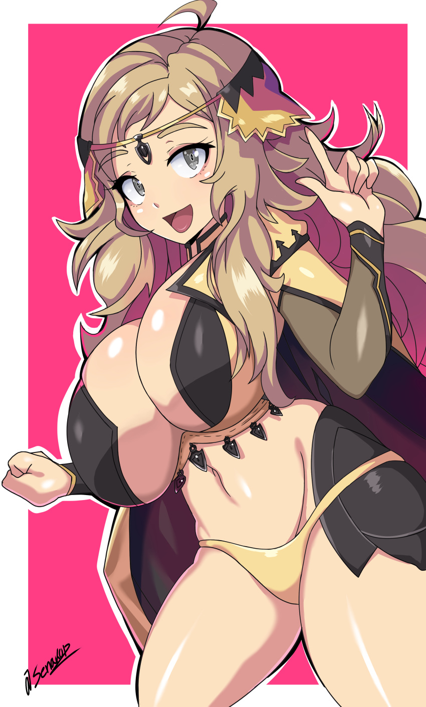 1girl absurdres ahoge asymmetrical_bangs bangs blonde_hair breasts bridal_gauntlets cape circlet commission fire_emblem fire_emblem_fates grey_eyes highres huge_breasts kagamisama29 long_hair looking_at_viewer midriff navel open_mouth ophelia_(fire_emblem) panties pantyhose pink_hair solo thigh-highs turtleneck underwear upper_body yellow_panties