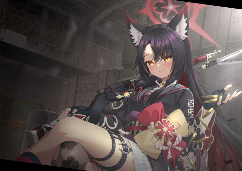 1girl :3 animal_ear_fluff animal_ears arisaka bayonet black_hair black_nails blue_archive blush bolt_action bullet commentary_request crate crossed_legs drum_(container) feet_out_of_frame fox_ears gun halo highres japanese_clothes kido_airaku over_shoulder rifle solo thigh_strap wakamo_(blue_archive) weapon weapon_over_shoulder yellow_eyes
