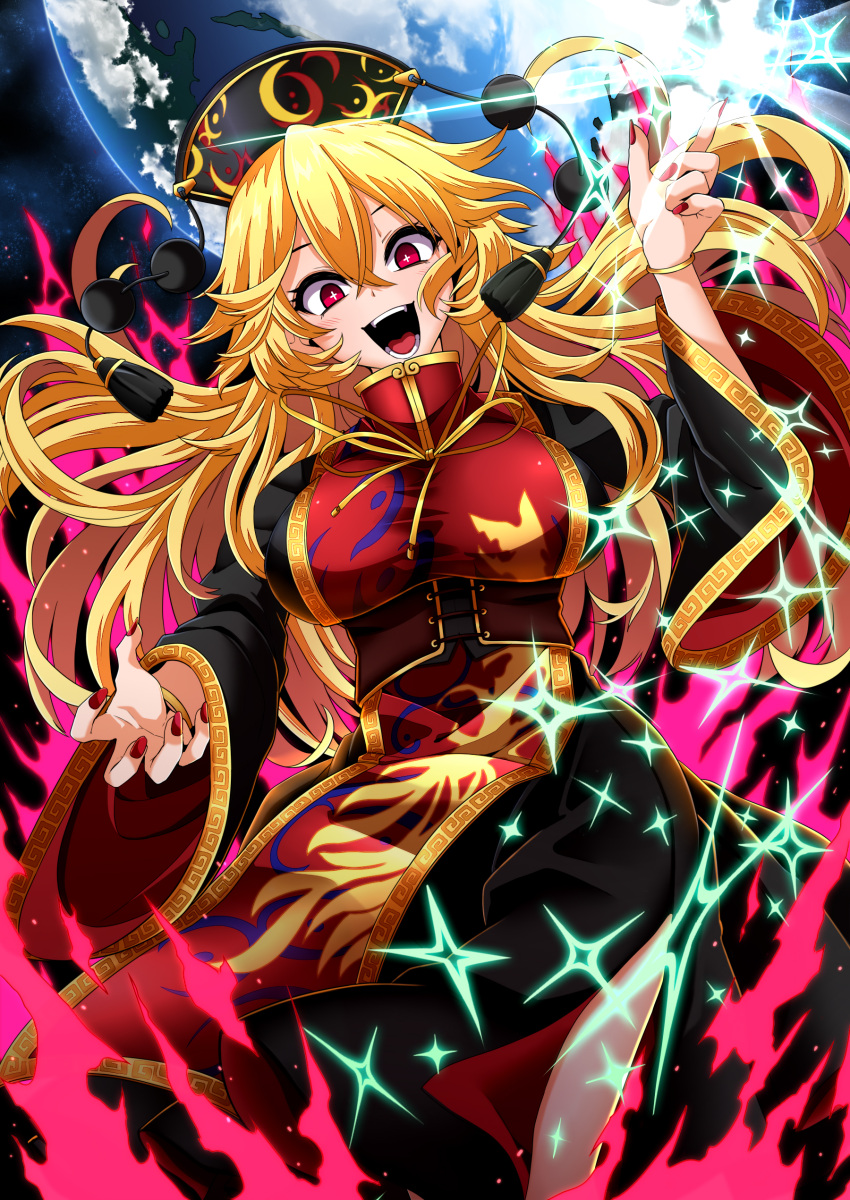 1girl absurdres arm_up aura bangle bangs blonde_hair bracelet breasts chinese_clothes corset cropped_legs earth_(planet) energy eyebrows_visible_through_hair fox_print frilled_sleeves frills gold_trim hair_between_eyes highres jewelry junko_(touhou) large_breasts long_hair long_sleeves looking_at_viewer lower_teeth nail_polish neck_ribbon open_mouth phoenix_crown planet red_eyes red_nails ribbon rihito_(usazukin) sash smile solo sparkle tabard tassel teeth tongue touhou upper_teeth wide_sleeves yellow_ribbon