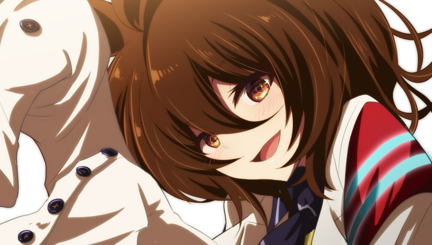 1girl agnes_tachyon_(umamusume) armband ascot blush brown_hair buttons close-up coat commentary fujitaka_nasu hand_up highres labcoat looking_at_viewer open_mouth short_hair simple_background smile solo umamusume white_background white_coat yellow_eyes