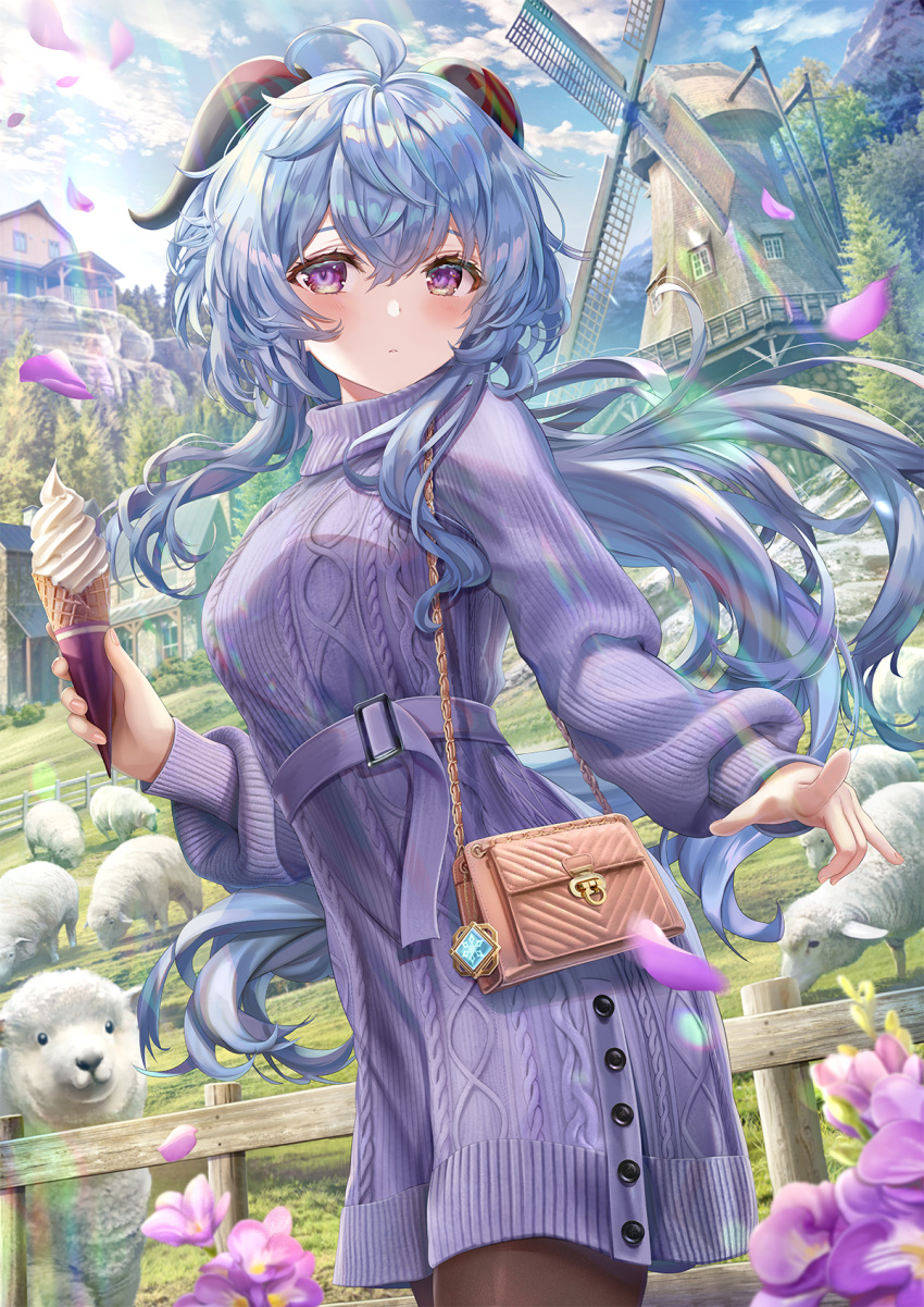 1girl ahoge bag bangs blue_hair blush brown_legwear closed_mouth clouds commentary_request cowboy_shot day dress fence flower food ganyu_(genshin_impact) genshin_impact goat_horns grass hair_between_eyes highres holding holding_food horns ice_cream ice_cream_cone long_hair long_sleeves looking_at_viewer outdoors pantyhose petals purple_flower purple_sweater sheep shoulder_bag solo standing sweater sweater_dress torino_akua turtleneck turtleneck_sweater very_long_hair violet_eyes vision_(genshin_impact) windmill wooden_fence