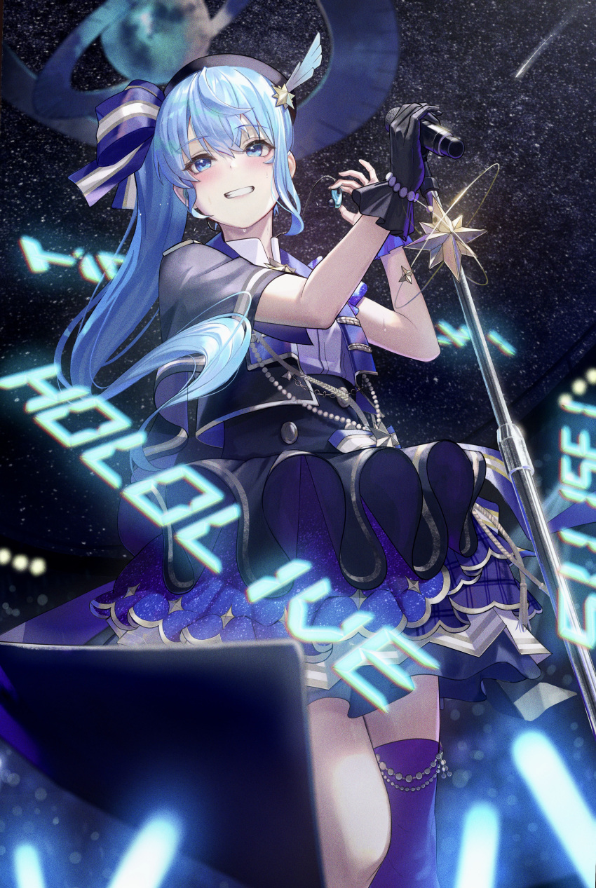 1girl absurdres bangs black_headwear blue_eyes blue_hair blue_ribbon blush commentary_request cropped_jacket earphones earphones_removed eyebrows_visible_through_hair gloves glowstick grin hair_between_eyes hair_ribbon hat highres holding holding_earphones holding_microphone hololive hoshimachi_suisei idol layered_skirt long_hair looking_at_viewer looking_away microphone ribbon shakkiyi side_ponytail single_glove single_thighhigh skirt smile solo standing star_(symbol) star_in_eye sweat symbol_in_eye thigh-highs virtual_youtuber