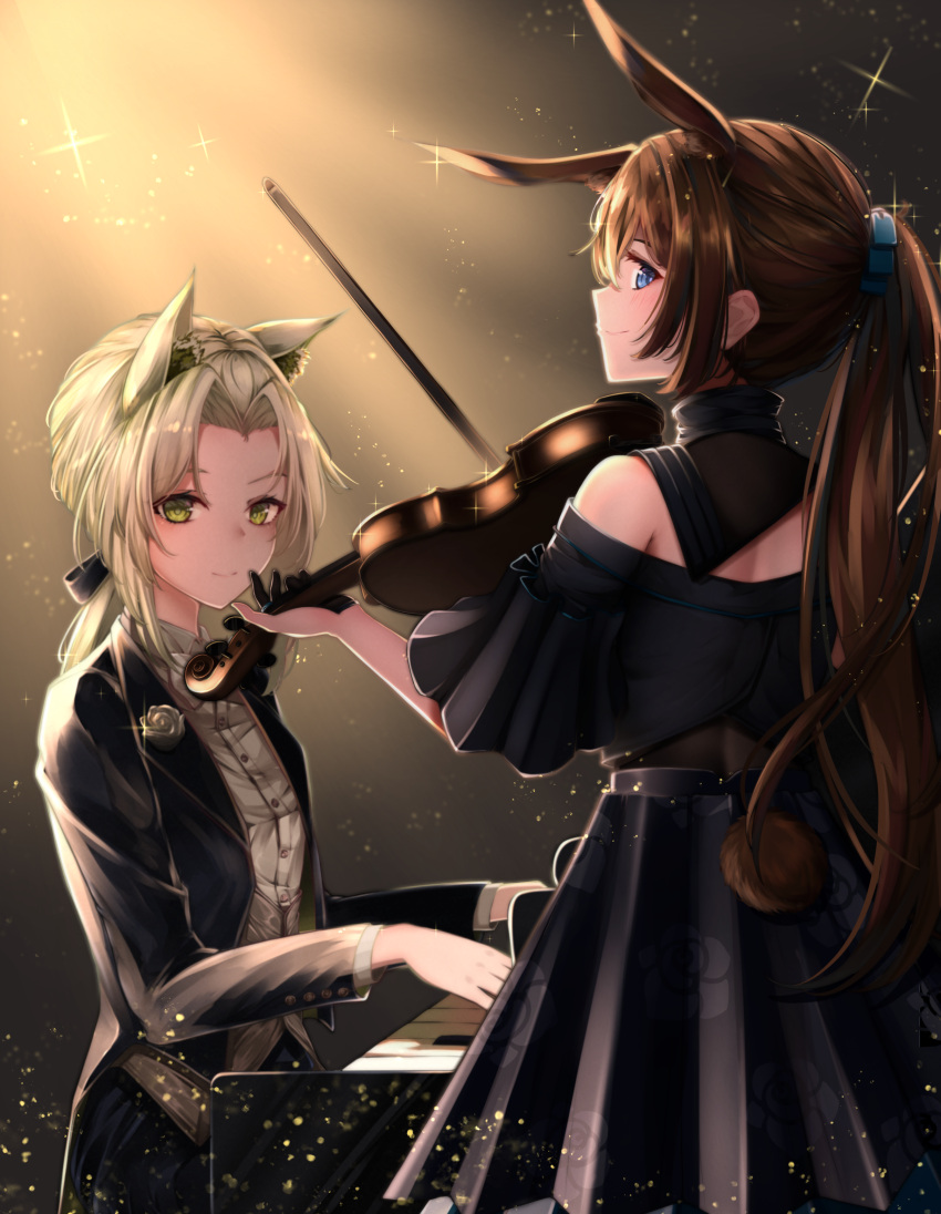 2girls absurdres amiya_(arknights) animal_ear_fluff animal_ears arknights bangs bare_shoulders black_dress black_jacket blue_eyes blush brown_hair closed_mouth collared_shirt commentary_request dress dress_shirt formal green_eyes grey_hair highres jacket kal'tsit_(arknights) long_hair looking_at_viewer looking_back multiple_girls off-shoulder_dress off_shoulder open_clothes open_jacket parted_bangs pleated_dress ponytail profile rabbit_ears rabbit_girl rabbit_tail shirt smile standing suit tail tktk-tnk very_long_hair white_shirt