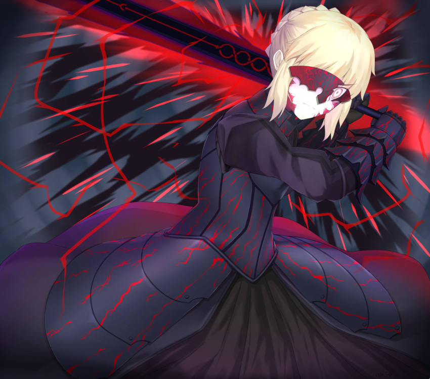 1girl 7_calpis_7 absurdres artoria_pendragon_(all) black_footwear black_skirt blonde_hair breasts cleavage clouds cloudy_sky dark_excalibur excalibur_morgan_(fate) eyebrows_visible_through_hair fate/stay_night fate_(series) formal full_body high_heels highres long_skirt long_sleeves medium_breasts outdoors outstretched_arm saber_alter shrug_(clothing) sideboob skirt skirt_suit sky solo standing suit sword tied_hair weapon yellow_eyes