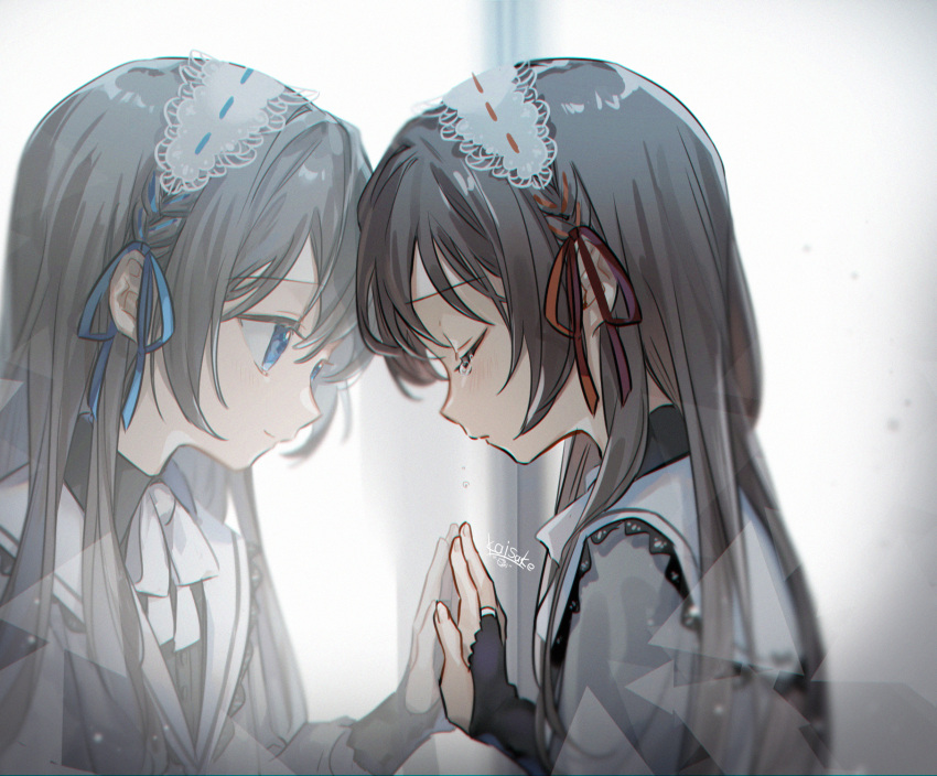 2girls bangs black_hair black_shirt blue_ribbon blush braid bridal_gauntlets closed_eyes closed_mouth collared_shirt commentary_request crying different_reflection dress_shirt eyebrows_visible_through_hair grey_shirt hair_between_eyes hair_ribbon hairband hand_up highres long_hair long_sleeves mirror multiple_girls original puffy_long_sleeves puffy_sleeves red_ribbon reflection ribbon ribbon-trimmed_hairband ribbon_trim sailor_collar sake_(utopia_modoki) shirt siblings sisters smile tears twins upper_body very_long_hair white_hairband white_sailor_collar