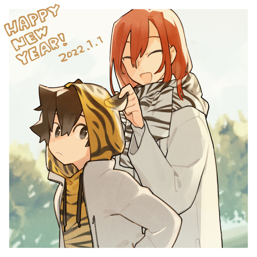 1boy 1girl 2022 animal_costume animal_ears animal_print brown_hair closed_eyes closed_mouth forest happy_new_year highres jacket nakatani_nio nature new_year open_mouth original redhead scarf striped striped_scarf sunday tiger_costume tiger_ears tiger_print touching touching_ears white_jacket