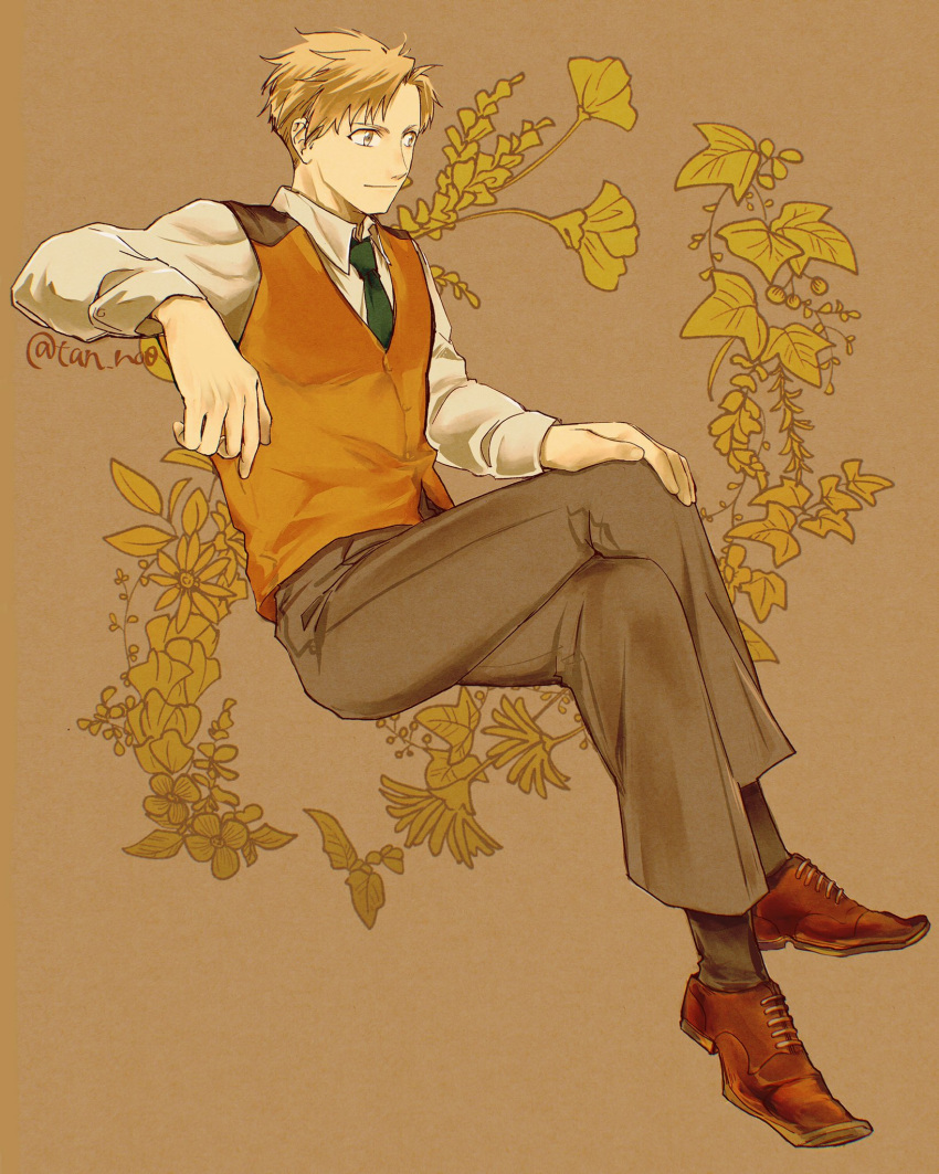1boy alphonse_elric bangs black_legwear blonde_hair brown_background brown_footwear brown_theme brown_vest buttons closed_mouth collared_shirt crossed_legs dress_shirt facing_viewer floral_background formal full_body fullmetal_alchemist green_necktie grey_pants hand_on_own_knee highres leaf leaf_background light_smile long_sleeves looking_afar male_focus necktie oxfords pants shirt shoes simple_background socks swept_bangs tan_no0 twitter_username vest white_shirt yellow_eyes yellow_theme