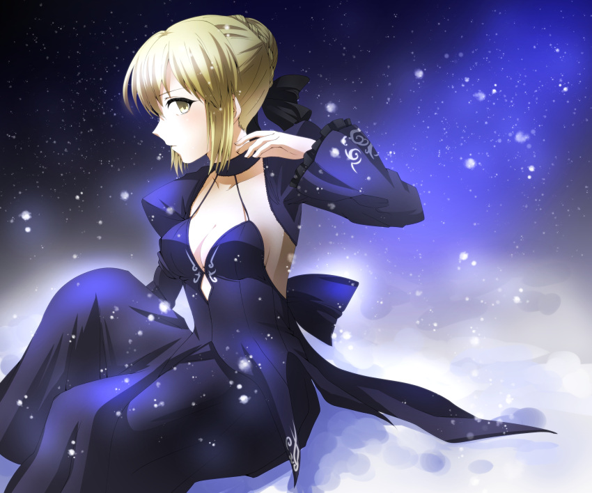1girl absurdres artoria_pendragon_(all) artoria_pendragon_(fate) bangs black_dress black_ribbon blonde_hair braid closed_mouth commentary_request dress fate/grand_order fate/stay_night fate_(series) french_braid from_below gothic_lolita hair_bun highres juliet_sleeves karon_(karonkaron_tint) lolita_fashion long_sleeves looking_at_viewer puffy_sleeves ribbon saber_alter sidelocks yellow_eyes