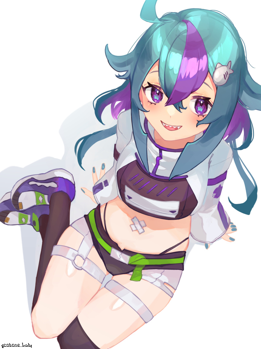 1girl absurdres bandaid blue_hair crop_top fish_hair_ornament hair_ornament hairclip highres indie_virtual_youtuber looking_up multicolored_hair purple_hair sharp_teeth solo susaumi_mizuchi teeth thick_thighs thigh_strap thighs violet_eyes virgo_(artist) virtual_youtuber