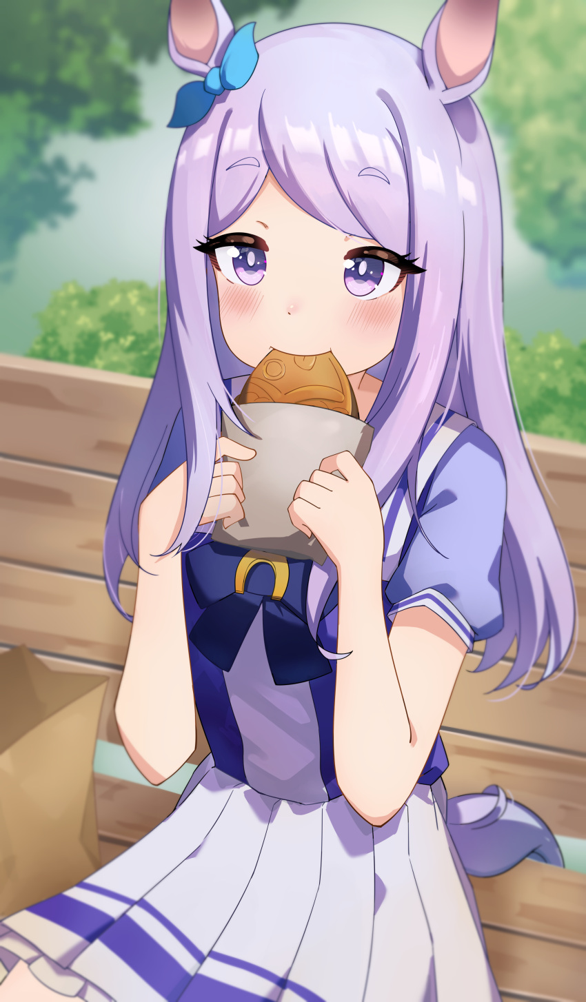 1girl absurdres az30317481 bench bread_slice commentary_request eating food highres holding horse_girl long_hair mejiro_mcqueen_(umamusume) outdoors paku_paku_desuwa park_bench sitting solo umamusume