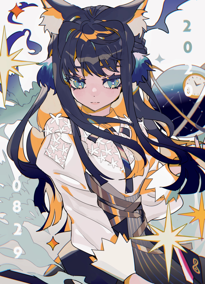 1girl absurdres animal_ear_fluff animal_ears arknights astesia_(arknights) black_hair black_skirt blue_eyes clock closed_mouth collared_shirt colored_inner_hair commentary dated high-waist_skirt highres kemonomimi_mode lace long_hair long_sleeves multicolored_hair orange_hair rhine_lab_logo shirt skirt solo symbol-only_commentary taowu_(20809) upper_body white_background white_shirt