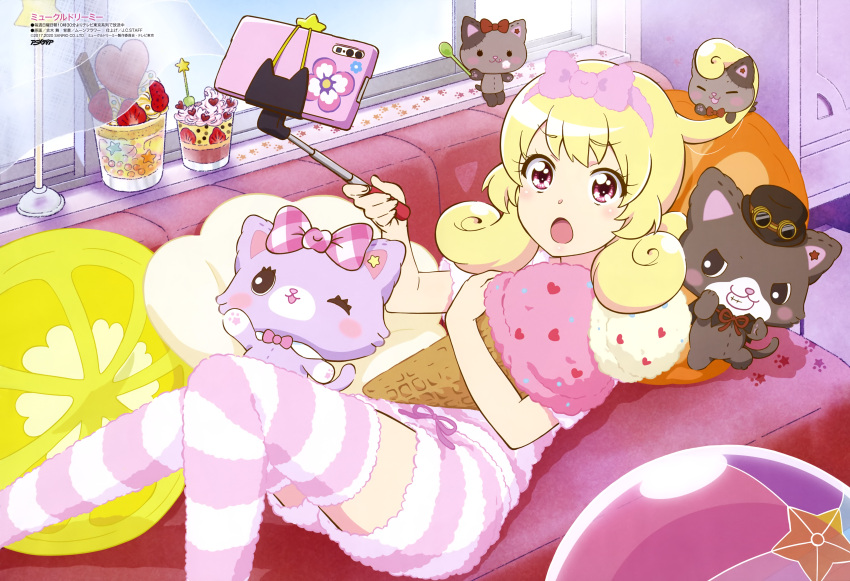 1girl :o absurdres artist_name ball blonde_hair blush bow cellphone closet couch curly_hair curtains day food food_on_face fruit furuki_mai goggles goggles_on_headwear hagi_(mewkledreamy) hairband hat highres hinata_yume holding holding_spoon holding_stuffed_toy ice_cream_cone indoors lying mew_(mewkledreamy) mewkledreamy official_art on_back on_couch open_mouth open_window pajamas parfait phone pillow pink_bow pink_eyes pink_hairband plaid plaid_bow raised_eyebrows selfie selfie_stick smartphone spoon star_(symbol) star_in_eye strawberry strawberry_parfait striped striped_legwear striped_pajamas stuffed_animal stuffed_cat stuffed_toy symbol_in_eye taking_picture thigh-highs tsugi_(mewkledreamy) wind window yuni_(mewkledreamy)