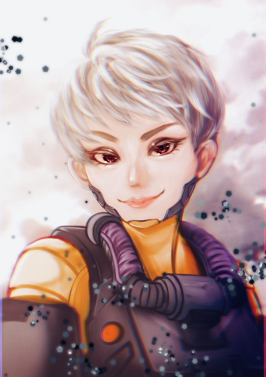 1girl apex_legends bangs bodysuit brown_eyes clouds grey_hair hair_behind_ear head_tilt highres kuwatoro looking_at_viewer orange_bodysuit portrait short_hair smile solo v-shaped_eyebrows valkyrie_(apex_legends)