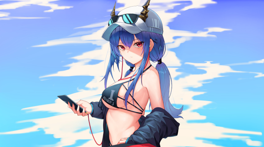 1girl absurdres arknights bare_shoulders baseball_cap bikini black_bikini black_jacket blue_hair breasts ch'en_(arknights) ch'en_the_holungday_(arknights) closed_mouth commentary_request dragon_horns earphones expressionless eyewear_on_headwear halter_top halterneck hat highres holding horns horns_through_headwear jacket long_hair looking_at_viewer low_twintails medium_breasts multi-strapped_bikini off_shoulder open_clothes open_jacket phone red_eyes sidelocks solo stomach string_bikini sunglasses swimsuit twintails under_boob upper_body white_headwear yukaring1