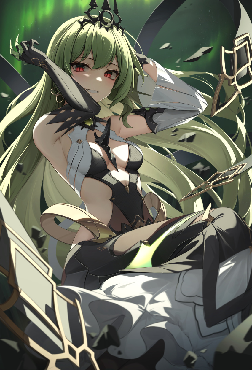 1girl absurdres armpits arms_up bare_shoulders black_dress black_gloves breasts clothing_cutout crown detached_sleeves dress earrings elbow_gloves g_home gloves green_hair green_theme grin highres honkai_(series) honkai_impact_3rd jewelry long_dress long_hair long_sleeves looking_at_viewer mobius_(honkai_impact) red_eyes revealing_clothes sideless_outfit single_detached_sleeve slit_pupils small_breasts smile solo thigh_cutout very_long_hair