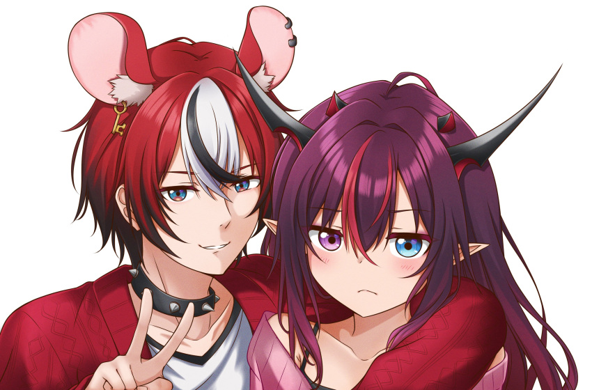 1boy 1girl absurdres animal_ears bangs black_hair blue_eyes character_request choker genderswap genderswap_(ftm) hakos_baelz heterochromia highres hololive hololive_english horns irys_(hololive) jan_azure long_hair mouse_boy mouse_ears multicolored_hair pointy_ears purple_hair redhead spiked_choker spikes v violet_eyes virtual_youtuber white_hair