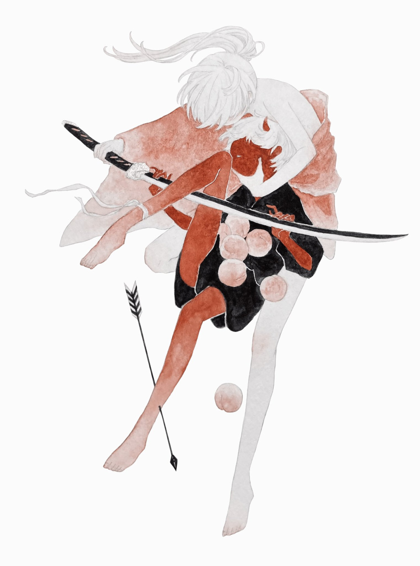 1boy 1girl arrow_(projectile) bare_legs barefoot colored_skin food fruit highres holding holding_sword holding_weapon horns knee_up limited_palette long_hair oni oni_horns original peach red_skin short_hair simple_background sword tembin_3 weapon white_background white_hair