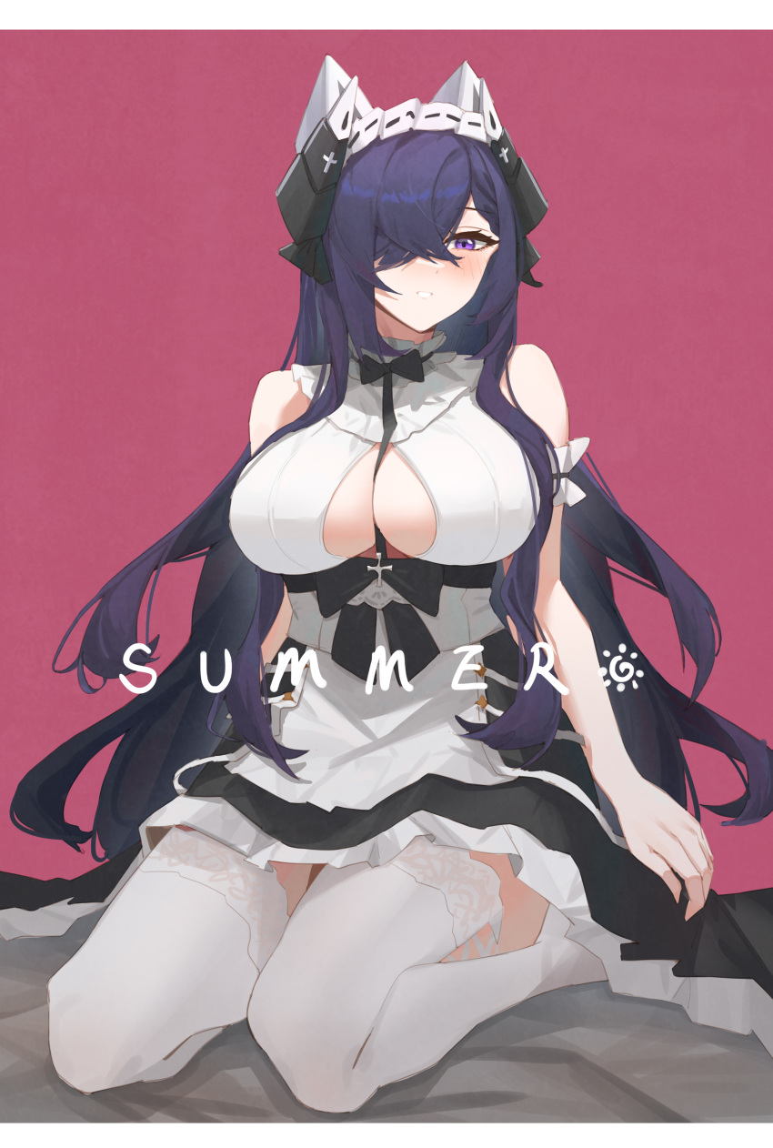 1girl absurdres artist_name august_von_parseval_(azur_lane) august_von_parseval_(the_conquered_unhulde)_(azur_lane) azur_lane bangs between_breasts black_dress breasts center_opening crossed_bangs curled_horns dress full_body hair_over_one_eye highres horns lace-trimmed_legwear lace_trim large_breasts long_hair looking_at_viewer mechanical_horns official_alternate_costume one_eye_covered purple_background purple_hair seiza simple_background sitting sleeveless sleeveless_dress solo strap_between_breasts summer_(724788381) thigh-highs two-tone_dress violet_eyes white_dress white_legwear