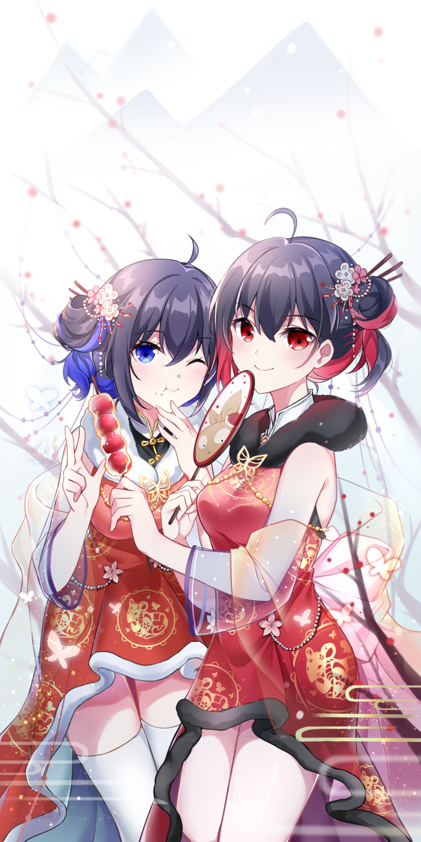 2girls bangs bare_shoulders blue_eyes blue_hair branch china_dress chinese_clothes chinese_new_year closed_mouth dress dual_persona eating food food_on_face gou_lianlian_dogface hair_bun hand_fan highres holding holding_fan holding_food homu_(honkai_impact) honkai_(series) honkai_impact_3rd looking_at_viewer medium_hair multiple_girls one_eye_closed outdoors red_dress red_eyes redhead seele_(alter_ego) seele_vollerei sleeveless sleeveless_dress tanghulu thigh-highs v white_legwear