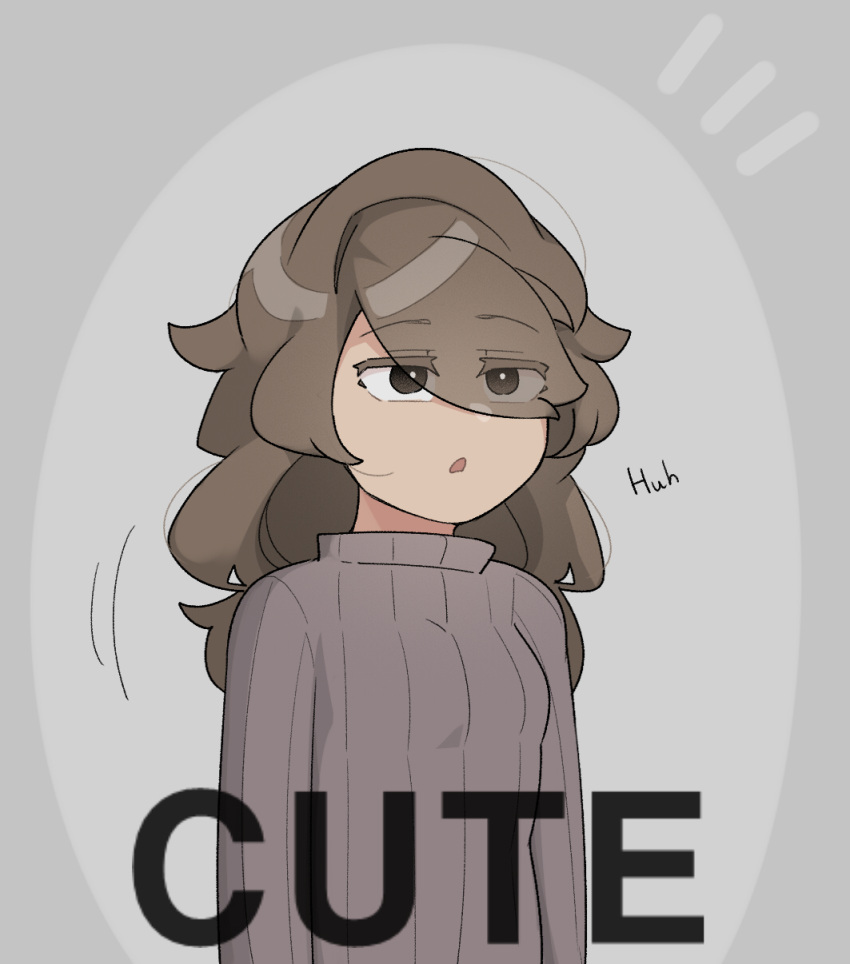 1girl bangs brown_eyes brown_hair commentary_request english_text eyebrows_visible_through_hair eyes_visible_through_hair grey_background highres korean_commentary long_hair long_sleeves oddsnail open_mouth original simple_background solo sweater