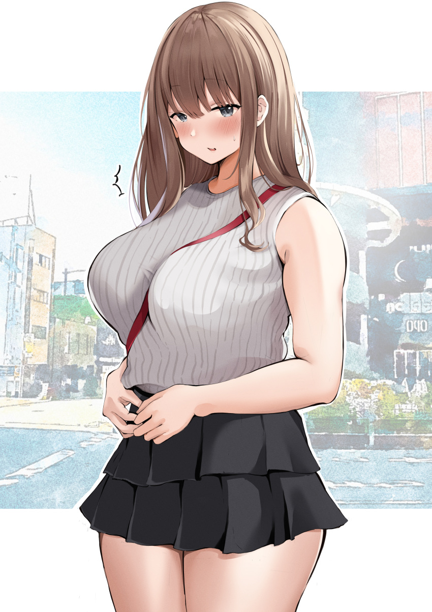 1girl absurdres bangs between_breasts black_skirt blunt_bangs blush breasts commentary_request dot_nose eyebrows_visible_through_hair grey_eyes hair_over_shoulder highres layered_skirt light_brown_hair long_hair looking_at_viewer neneneji original outline own_hands_together parted_lips skirt solo strap_between_breasts sweatdrop thick_arms thick_thighs thighs white_outline