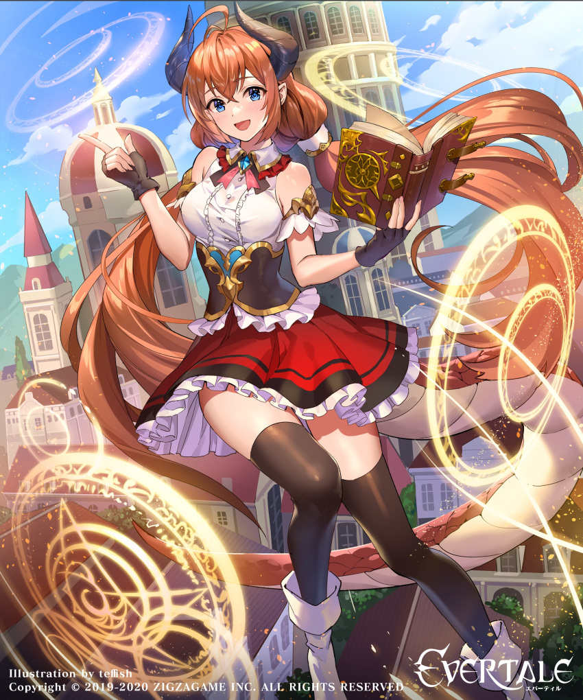1girl absurdres ahoge artist_name bangs book brooch brown_hair callen_(evertale) casting_spell copyright copyright_name dragon_girl dragon_horns dragon_tail evertale fantasy fingerless_gloves frilled_skirt frills gloves highres holding holding_book horns jewelry low_twintails magic magic_circle official_art open_mouth shirt skirt sleeveless sleeveless_shirt smile solo tail teffish thigh-highs twintails underbust