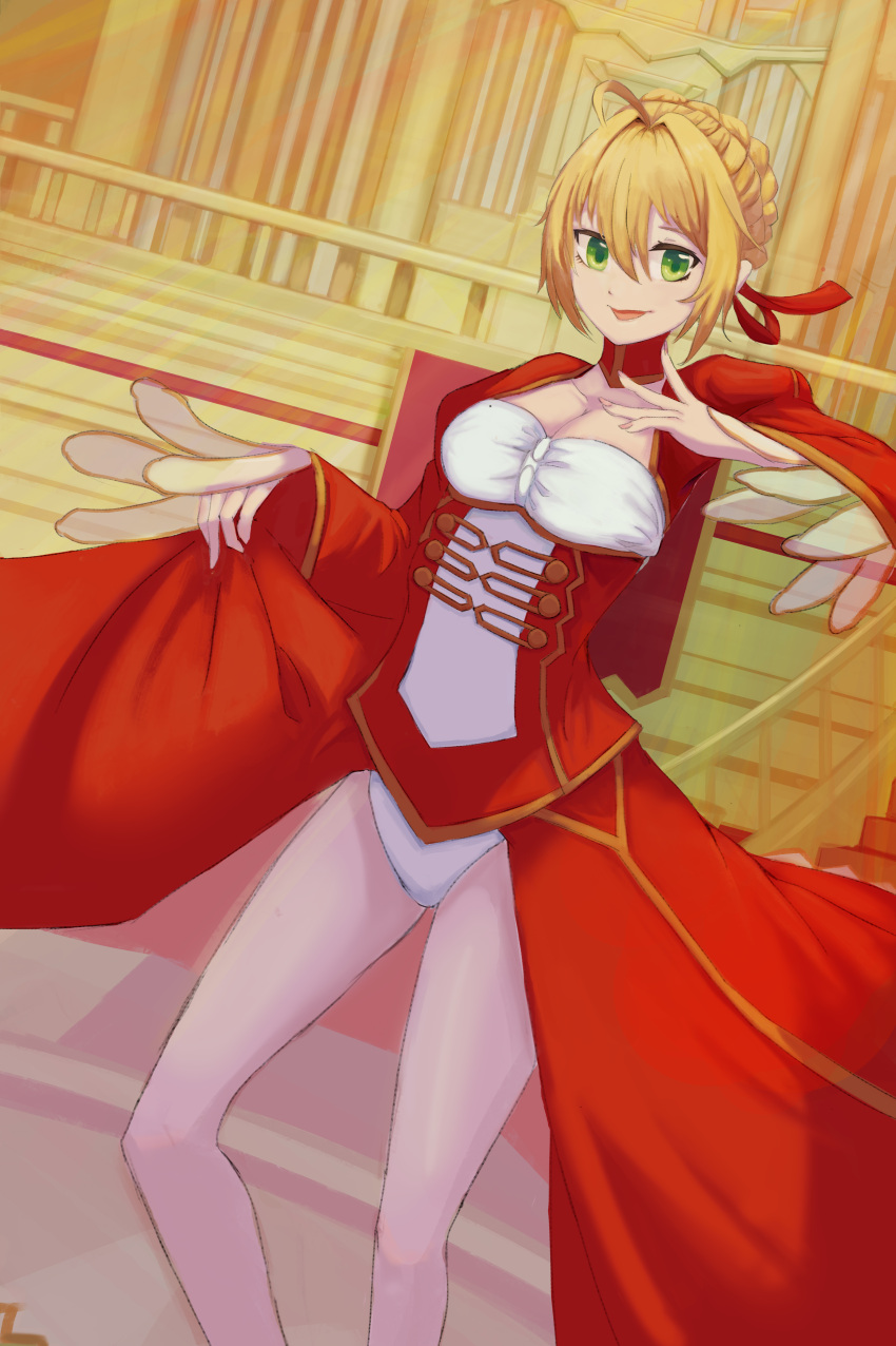 1girl ahoge blonde_hair blurry braid breasts cleavage commentary_request corset dress epaulettes fate/extra fate/grand_order fate_(series) flower french_braid green_eyes hair_flower hair_intakes hair_ornament hair_ribbon highres juliet_sleeves large_breasts lnger long_sleeves looking_at_viewer nero_claudius_(fate) nero_claudius_(fate)_(all) ocean petals puffy_sleeves red_dress red_ribbon ribbon saber_extra see-through short_hair smile solo wide_sleeves