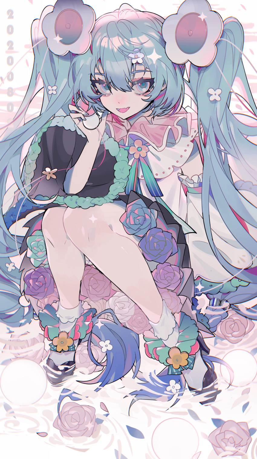1girl absurdres bare_legs black_footwear black_skirt blue_eyes blue_flower blue_hair blue_rose commentary copyright_request dress flower full_body hair_flower hair_ornament hatsune_miku high_heels highres long_hair looking_at_viewer magical_mirai_(vocaloid) orange_flower pink_flower pink_rose pleated_skirt purple_flower purple_rose rose sitting skirt smile socks solo symbol-only_commentary taowu_(20809) twintails vocaloid white_dress white_flower white_legwear white_rose wide_sleeves