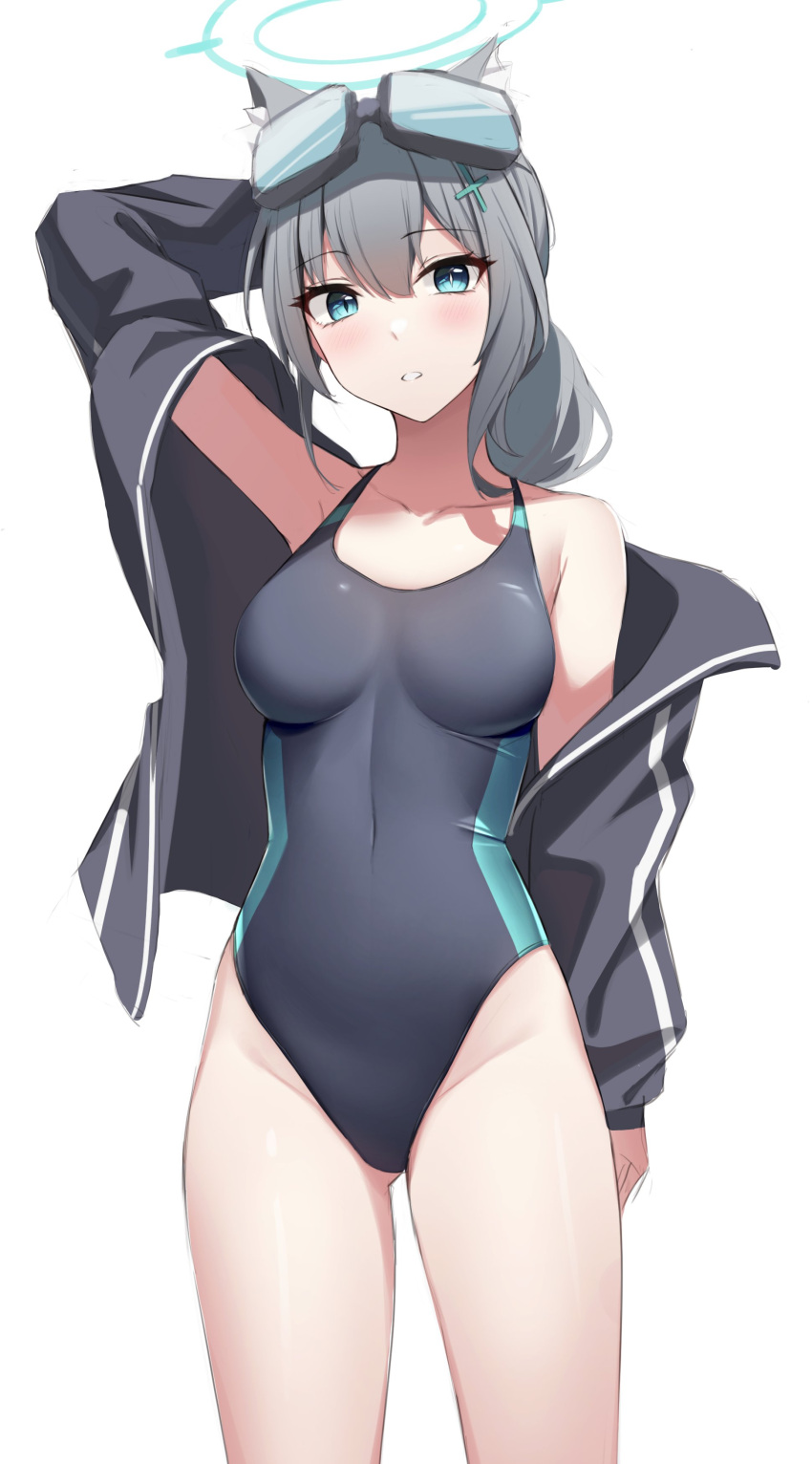 1girl absurdres animal_ears arm_behind_head arm_up bare_shoulders black_jacket black_swimsuit blue_archive blue_eyes breasts competition_swimsuit cowboy_shot g_home goggles goggles_on_head grey_hair halo highleg highleg_swimsuit highres jacket large_breasts long_hair long_sleeves looking_at_viewer off_shoulder one-piece_swimsuit open_clothes open_jacket parted_lips shiroko_(blue_archive) simple_background solo swimsuit thighs white_background